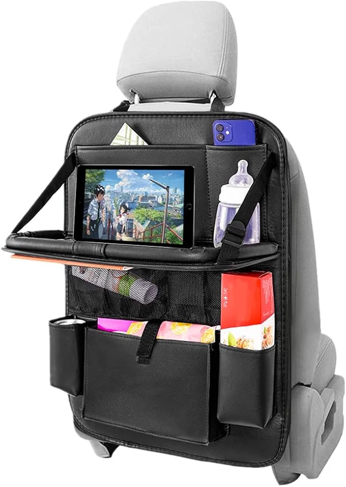 2PACK Leather Car Backseat Organizer with Tablet Holder - 9 Large Storage Pockets, Foldable Food Tray & Anti-Scratch Kick Mats - Universal Car Seat Protector for Kids, Pets & Travel Accessories - Image 4
