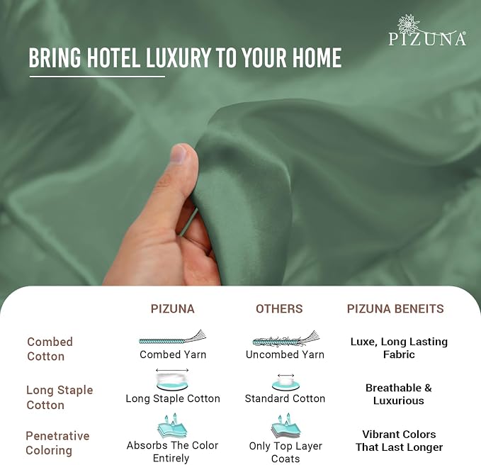 Pizuna Pure 100% Cotton Flat Sheets Only King Hedge Green (1 PC), Luxurious 400 Thread Count Long Staple Cotton Sateen with 4" Hem (Combed King Flat Sheet Only Cotton) - Image 6