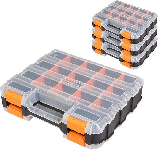 Jack Boss Tool Box with Transparent Lid, Double Side 34-Compartments Organizer Box with Removable Dividers for Hardware, Screws, Bolts, Nails, Beads, Jewelry and Fishing Accessories, Orange, 4 Pack by JACKBOSS