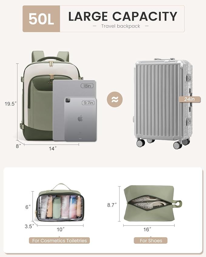 LOVEVOOK 50L Travel Backpack for Women Men, Large Carry on Backpack for Airplanes TSA Personal Item Travel Bag fits 17.3" Laptop, Waterproof Weekender Essentials Airline Approved with 2 Packing Cubes - Image 4