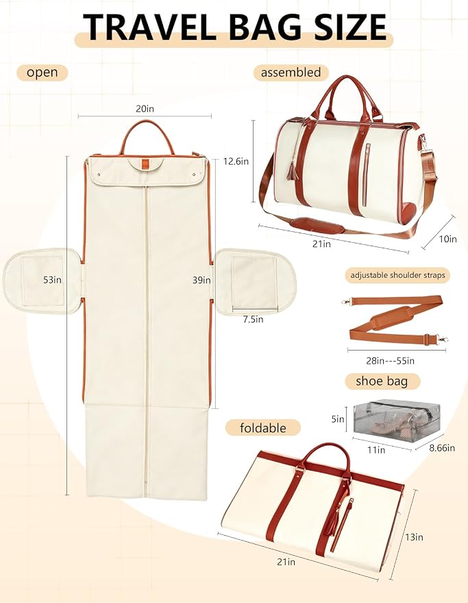 2 in 1 Convertible Garment Duffle Bags for Travel 45L Carry on Duffle Bag for Men & Women with Shoe Lmproved Zipper and Reinforced Straps Suitable for Business & Weekend Trips Beige - Image 4