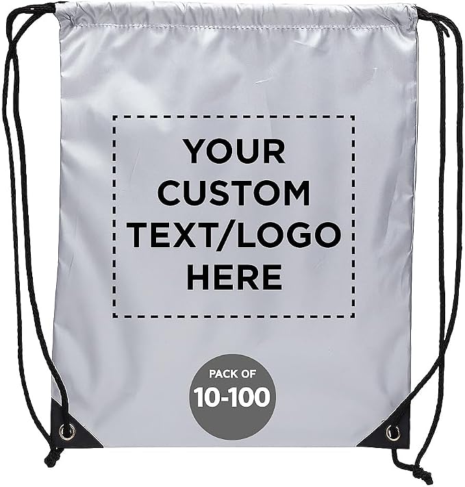 DISCOUNT PROMOS Custom Urban Shiny Drawstring Bags Set of 10/50/100, Personalized Bulk Pack - Bring Everywhere You Go, Perfect for Employees, For Everyday Use - Silver by DISCOUNTPROMOS