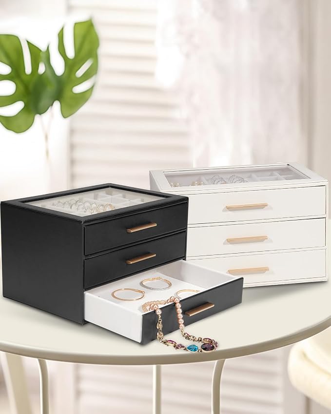 GUOER Jewelry Box for Women, Glass Lid Jewelry Organizer with 3 Drawers PU Jewelry Storage Case for Necklaces Rings Earrings Bracelets, Black - Image 7