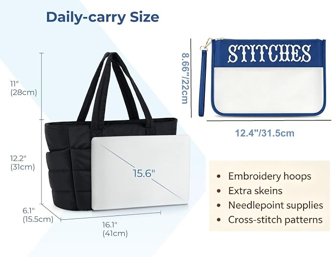 Needlepoint (NDLPT) Tote Bag & Clear Stitching Zipper Pouch Set (Black) | Lightweight Puffy Project Bag for Embroidery Sewing Craft Storage Organizer – Gifts for Stitchers - Image 2