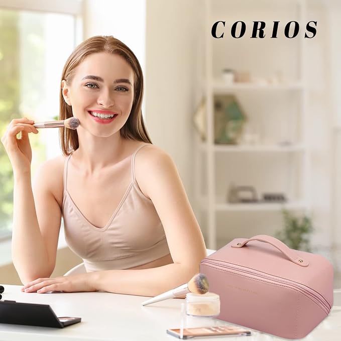 CORIOS Toiletry Bag For Women Portable Make Up Bag Waterproof Wash Bag PU Leather Cosmetic Bag Bathroom Shower Bag Multifunctional Travel Organizer For Shampoo, Cosmetics, Toiletries Pink - Image 2