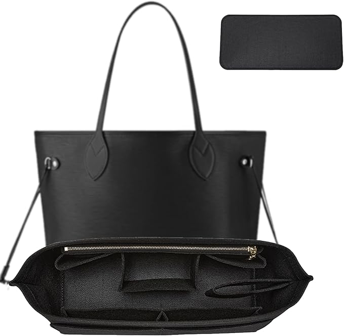 Purse Organizer Insert, Tote Bag Organizer Insert with Base Shaper,Felt Zipper Handbag Inner Dividers Compatible with Neverfull MM Speedy 30 and More,Black/L by OAIKOR