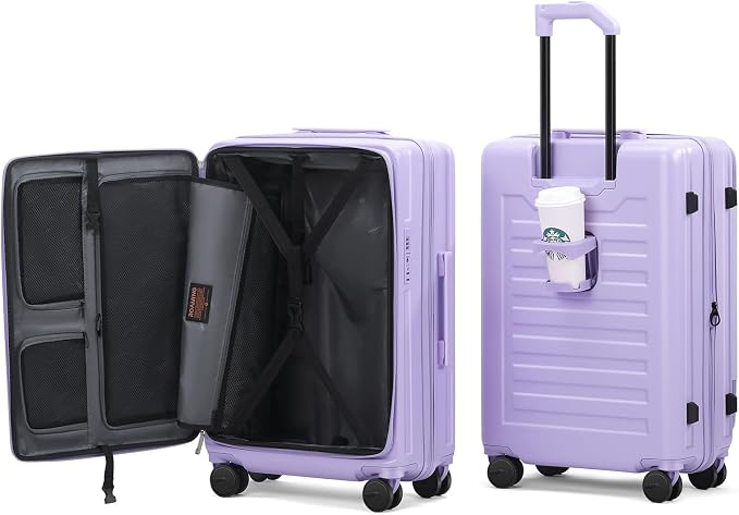 ROAMING 20 Inch Carry On Luggage Expandable Front Opening Rolling Vacation Suitcase with Spinner Wheels and TSA Lock Cup Holder PC Hard Shell Travel Trolley Case for Shout Business Trips purple by ROAMING
