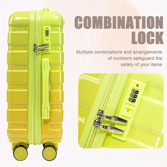 Gradient Color Suitcase 2-Piece Set, 20" Rotating Wheel Suitcase with 14" Cosmetic Case, Lightweight Durable Hardshell Luggage with 360° Spinner Wheels for Travel, Women & Girls (Green+Yellow) - Image 4
