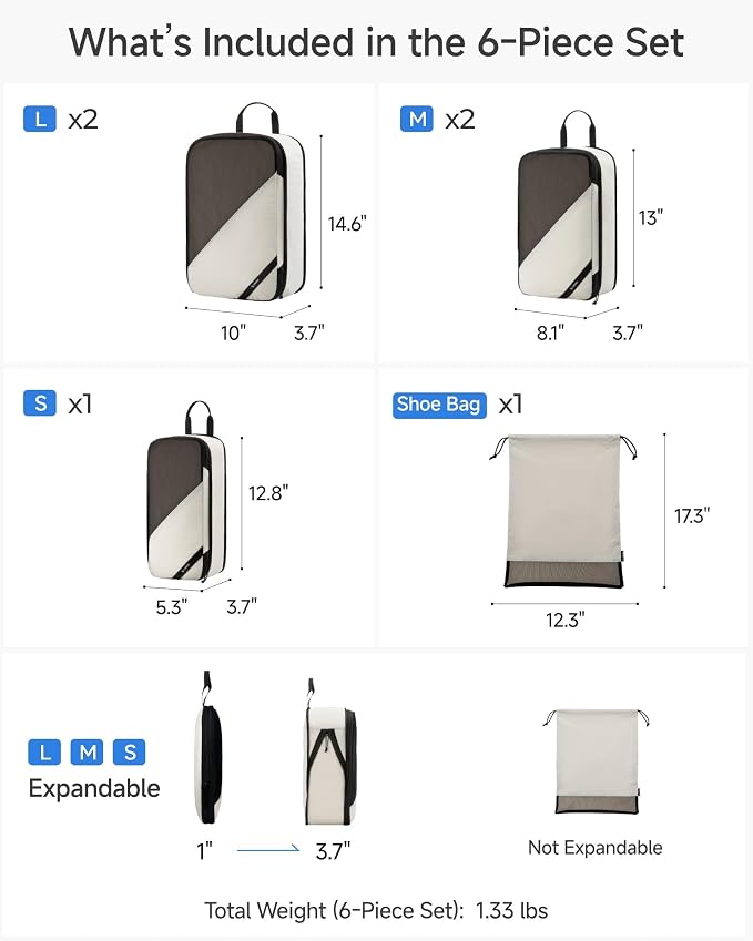 LUGGEX Compression Packing Cubes for Travel, 6 Set Lightweight Luggage Organizer Bags with Shoe Bag, Space Saving Suitcase Packing Cubes for Carry-On with Breathable Mesh, Double-Zipper (POX01, Beige) - Image 8