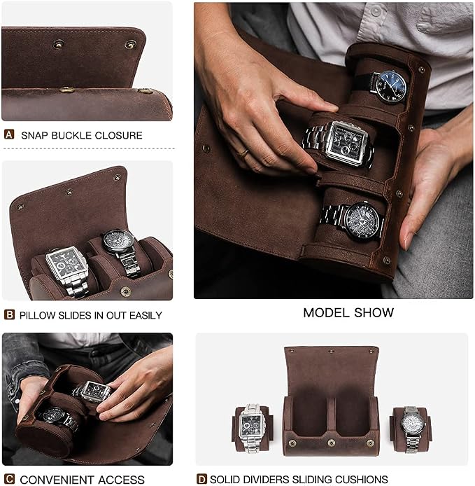 Hiram Leather Watch Roll Travel Case,Vintage Crazy Horse Leather 2-Slots Watch Box with Removable Velvet Pillows, Secure Metal Clasp, Perfect for Daily Display & Business Travel - Image 6
