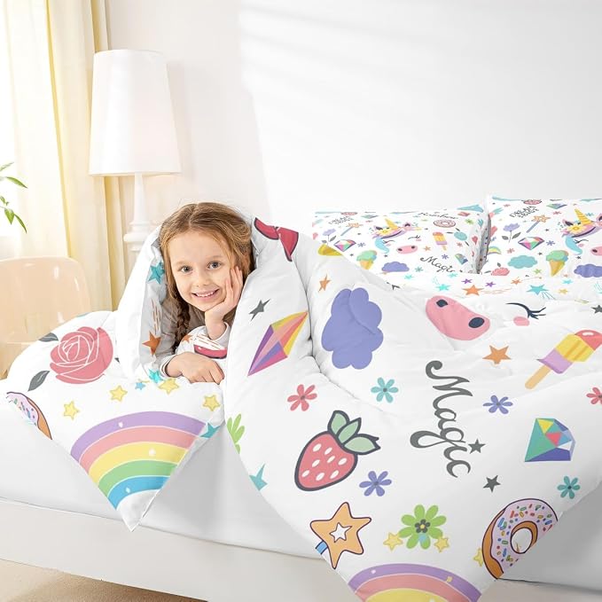 Unicorn Comforter Set For Kids, Strawberry Cherry Bedding Set Fantasy Rainbow Duvet Insert For Girls Boys Children Bedroom Decor, Cartoon Animal Dessert Duvet Sets With 2 Pillow Cases, Full Size - Image 6