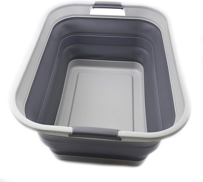 SAMMART 42L(11 gallon) Collapsible Plastic Laundry Basket-Foldable Pop Up Storage Container/Organizer-Portable Washing Tub-Space Saving,Water capacity 34L(9 gallon) (1 Rectangular - strengthen, Grey) by SAMMART