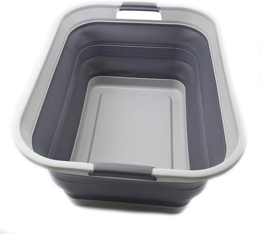 SAMMART 42L(11 gallon) Collapsible Plastic Laundry Basket-Foldable Pop Up Storage Container/Organizer-Portable Washing Tub-Space Saving,Water capacity 34L(9 gallon) (1 Rectangular - strengthen, Grey) by SAMMART