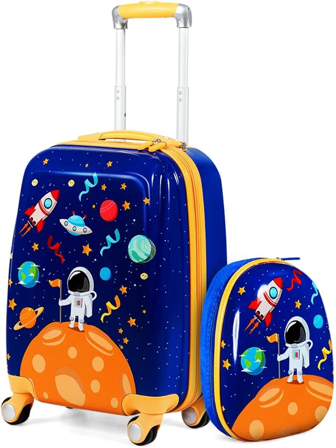 HONEY JOY Kids Luggage, 12" Toddler Backpack & 18" Travel Suitcase with Wheels, Lightweight Toddler Suitcase, Durable ABS Hardshell, 2Pcs Carry On Luggage Set for Boys Girls, Blue Astronaut by HONEYJOY
