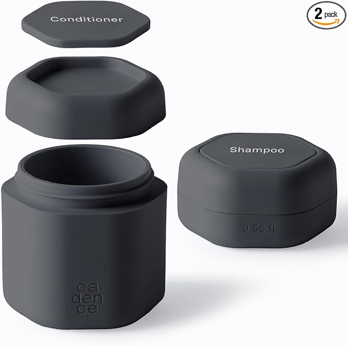 Cadence Travel Containers - 2 Piece Haircare Set - Magnetic Travel Capsules - For Shampoo, Conditioner, Hair Styling Product - 1 Small & 1 Medium Capsule - Shampoo & Conditioner Labels - Charcoal by KeepYourCadence