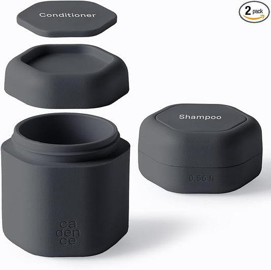 Cadence Travel Containers - 2 Piece Haircare Set - Magnetic Travel Capsules - For Shampoo, Conditioner, Hair Styling Product - 1 Small & 1 Medium Capsule - Shampoo & Conditioner Labels - Charcoal by KeepYourCadence