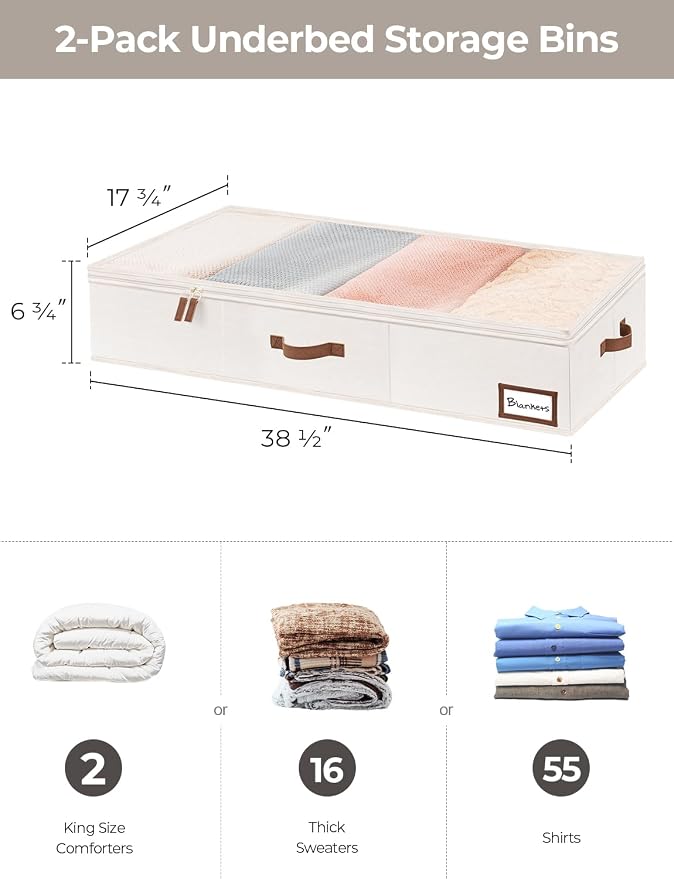 StorageWorks Extra Large Under Bed Storage Containers with Handles and Label Holder, 2 Pack Ultra-thick Fabric Underbed Bins, Closet Organizer for Clothes, Blankets, Sweater - Image 7