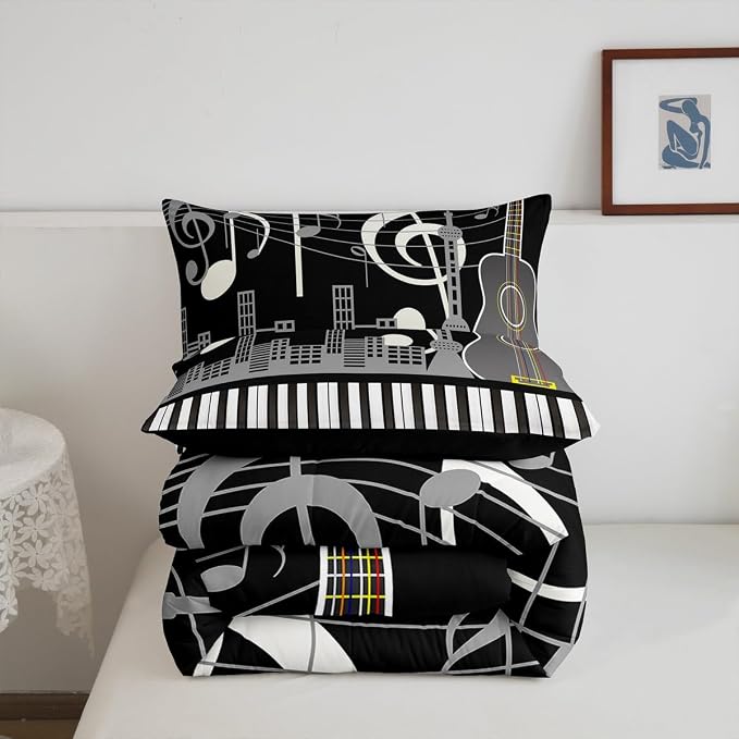 Erosebridal Paino Keys Bedding Set King Size Musical Notes Comforter Set Guitar Rock Music Bedding Comforter for Kids Boys Teens Men Retro Black White Grey Down Comforter Bedroom Decor 3 Piece - Image 7