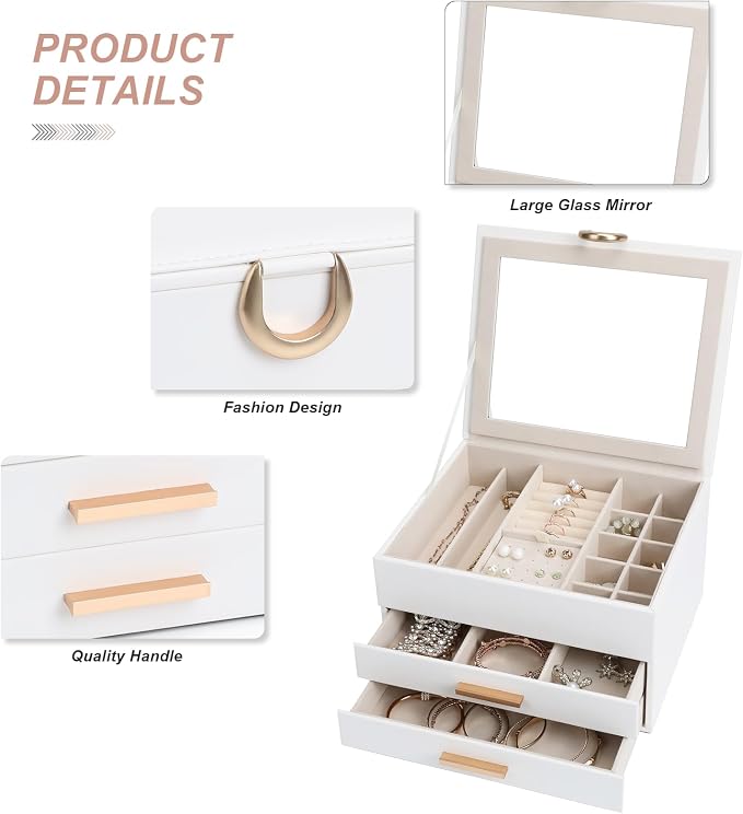 Elegant Jewelry Storage Box with Mirror 3-Tier Design with Smooth-Gliding Drawers Jewelry Organizer Perfect Christmas Birthday Gift for Wife Mom Women White - Image 4