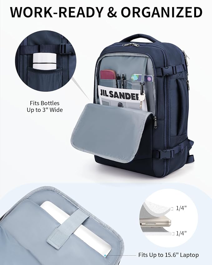 ECOHUB Carry On Travel Backpack, Expandable Airlines Personal Item Bag 18x14x8, Water Resistant 17 inch Laptop Backpack Flight Approved, 12 Pockets 30L Work Backpacks with Wet Pocket Cable Slot, Blue - Image 4