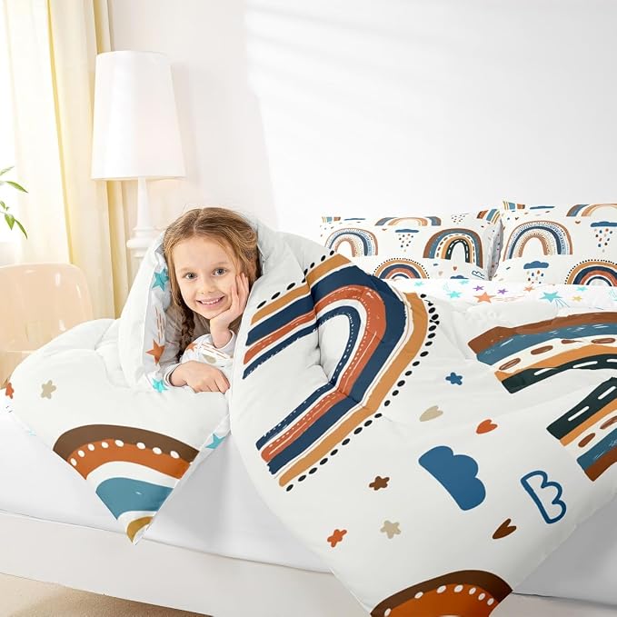 Rainbow Quilt Twin Size, Kawaii Cartoon Cloud Duvet Insert For Girls Kids Boys Children Bedroom,Iridescent Stripes Girly Comforter Set Colourful Cute Love Heart Down Comforter With 1 Pillow Case - Image 6