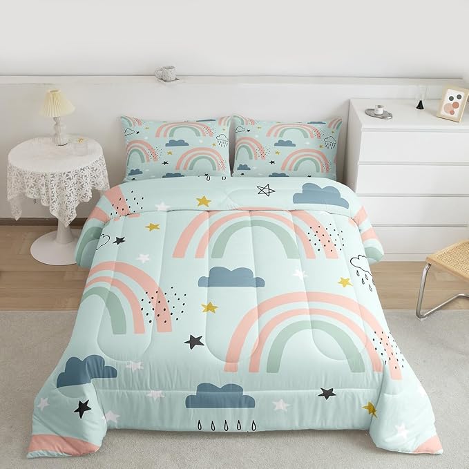 Rainbow Comforter Set For Girls, Cartoon Stars Cloud Quilt Kawaii Decor, Cute Rainbow Ripple Down Comforter For Kids Boys Child Women, Iridescent Stripes Bedding Set With 2 Pillow Cases, King Size - Image 3