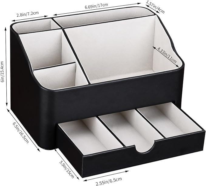KINGFOM Leather Makeup Organizer with Drawer, Cosmetic Storage for Dresser Countertop and Bathroom Vanity, Beauty Holder for Lipstick Brush Skincare, Mother’s Day Gift for Mom(Black) - Image 2