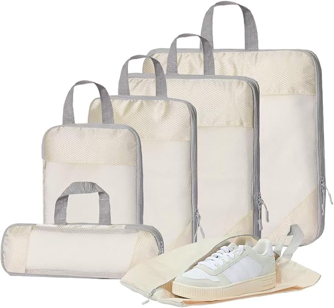 6 Set Compression Packing Cubes,Garment bags for travel,Luggage Organizers for Carry-on Suitcase,Beige by Unknown