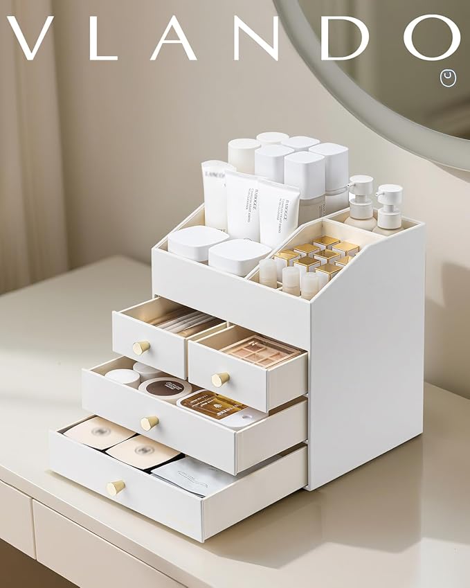 VLANDO Makeup Organizer,Vanity Organizer with Drawers, PU Leather Skincare Organizer Perfume Organizer,Large Cosmetic Display Case for Lipstick,Brushes Gifts for Women, White, 4 Layer - Image 6