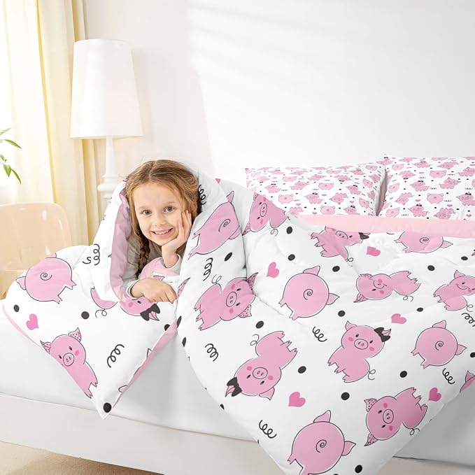 Erosebridal Pink Pig Comforter Set for Girls Kawaii Room Decor King,Cute Pigs Bedding Set for Kids Boys Children Farm Animal Quilted Duvet Sets Cartoom Style Soft Lightweight Down Comforter 3 Pcs - Image 5