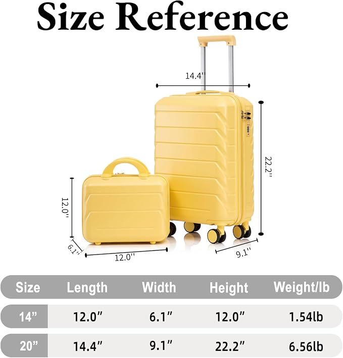 2-Piece ABS Hard Shell Lightweight Carry-On Luggage Set (14" & 20"), 360-Degree Spinner Wheels, Adjustable Telescopic Handle and Combination Lock for Travel, Yellow - Image 6