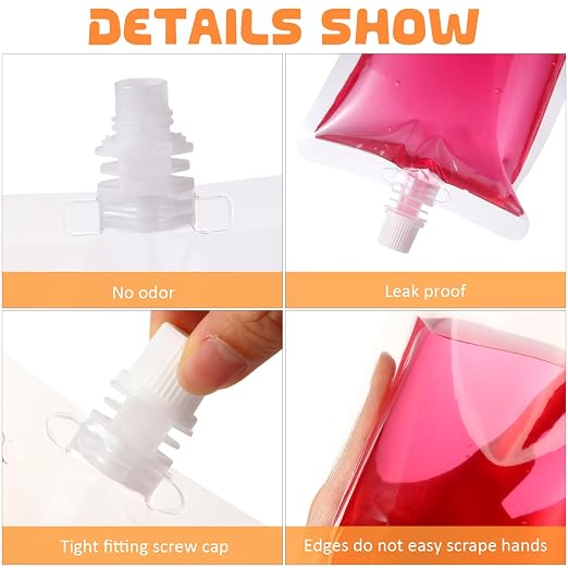 Patelai 250 Pieces Plastic Liquid Pouch Reusable Juice Pouches Travel Water Leak Proof Bags Bulk with Collapsible Silicone Funnel for Travel Outdoor (16 oz) - Image 2