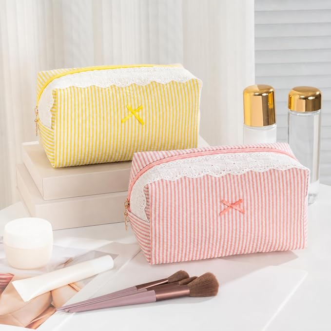 Makeup Bag Travel Toiletry Bag for Women, Small Cosmetic Bags with Lace Trim Cute Blush Stripe Aesthetic Organizer Makeup Pouch for Purse Emergency Bag Pencil Case Accessory Bag - Image 7