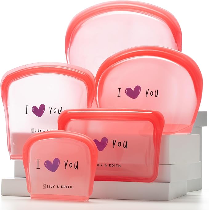 LILY & EDITH Clear Makeup,Toiletry,Cosmetic, Reusable Silicone Bag, Clear Travel Pouch, Food-Safe Storage, Leakproof, Airtight, Dishwasher & Microwave & Freezer Safe(Red Heart, 5Pk) by LILYEDITH