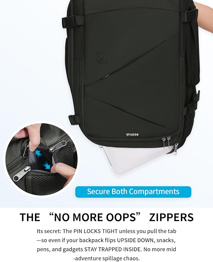 ECOHUB 17" Small Unisex Travel Backpack United Airlines Approved 17x10x9 Friendly Suitcase Anti-Theft Lockable Zippers Style Personal Item Bag Travel Essentials with 12 Pockets Water Resistant, Green - Image 4