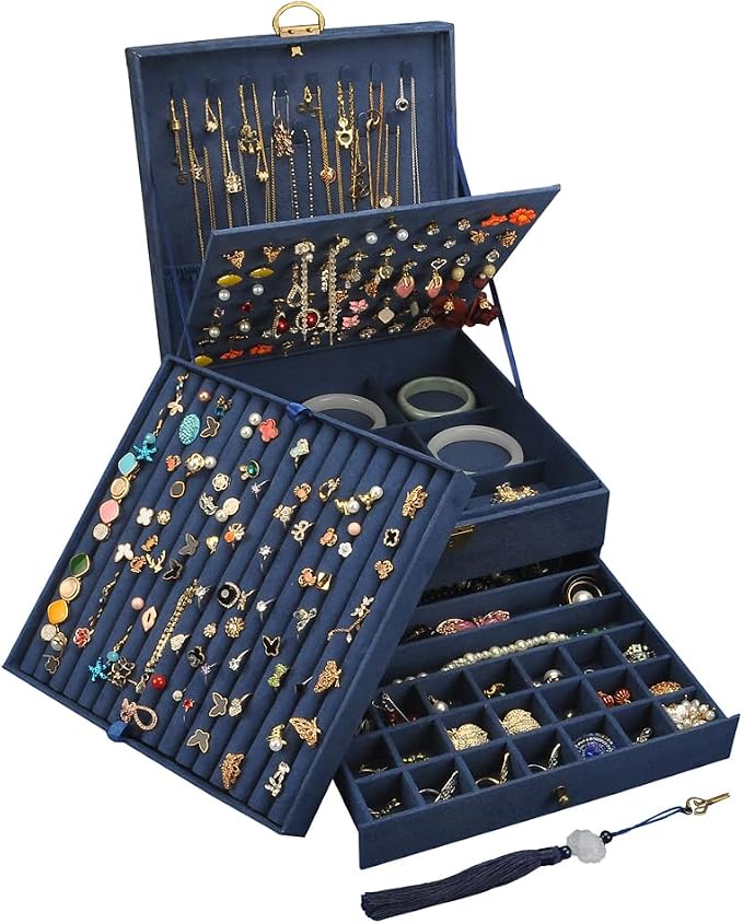 Jewelry Organizer 5 Layers Velvet Square Jewelry Box Women Necklace Ear studs Display Bangles Large Jewelry Storage Case Drawer GY306 (Navy) by GYJOYERO