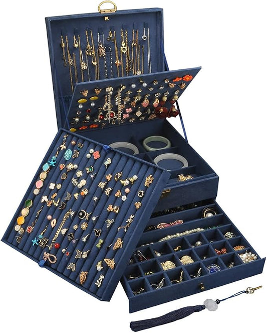 Jewelry Organizer 5 Layers Velvet Square Jewelry Box Women Necklace Ear studs Display Bangles Large Jewelry Storage Case Drawer GY306 (Navy) by GYJOYERO