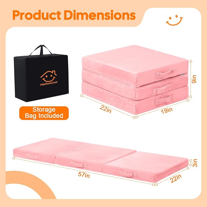 MeMoreCool Foldable Floor Mattress for Kids Trifold, 57x22 Inch Pink | Trifold foam floor mattress for girls room, playroom and reading nook - Image 3