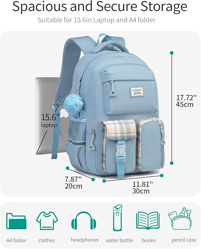 Backpack for Girls, 15.6in Laptop School Bag Kids Elementary Middle High College Students Large Bookbags for Teens Mochilas Escolares para Niñas, Blue - Image 3