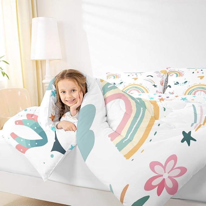 Cartoon Rainbow Comforter Set Twin, Iridescent Girly Quilt For Kids Boys Girls Women Bedroom Decor, Kawaii Flower Duvet Insert Love Heart Floral Bedding Set Rainbow Cloud Down Comforter,Colorful - Image 6
