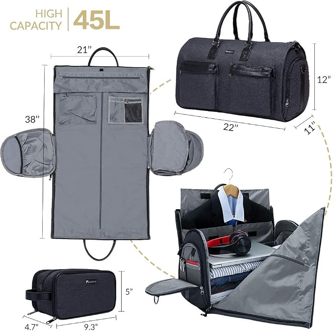 Modoker Convertible Garment Bag with Shoulder Strap, Carry on Garment Duffel Bag for Men Women - 2 in 1 Hanging Suitcase Suit Travel Bags, Jet Black - Image 2