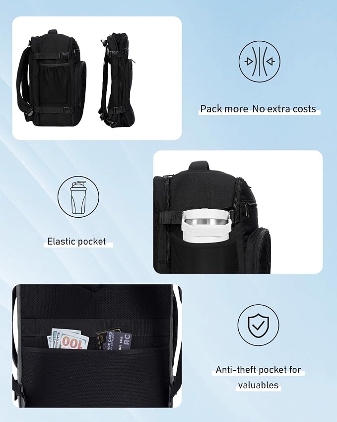 ECOHUB 19" Large Travel Backpack, Carry on Luggage Airline Approved, Water Resistant Rucksacks Fit 15.6" Laptop, AirTag Pocket, Lightweight Casual Daypack, 34L, Black - Image 3