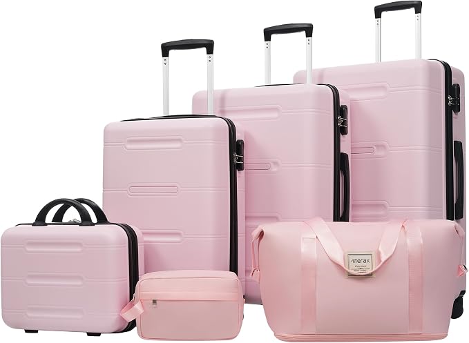 Merax Luggage Set,6 Piece Suitcase with Bags,Lightweight Carry on Luggage | 14/20 IN Airplane Approved,24/28IN Hardside Suitcase with Double Spinner Wheels Handle Password Lock,Pink by Merax