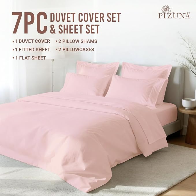 Pizuna Pure 100% Long-Staple Cotton Duvet Cover + Sheet Set Full, Luxurious 400 Thread Count Long Staple Cotton, Soft Sateen Weave Bedding Set (Light Pink) - Image 3