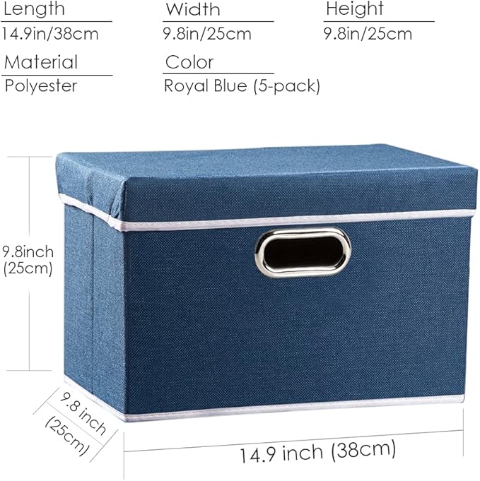 PRANDOM Foldable Storage Bin with Lid [5-Pack] Linen Fabric Decorative Storage Box Organizer Container Basket Cube with Handles Divider for Closet Office Living Room Royal Blue(14.9x9.8x9.8) - Image 5