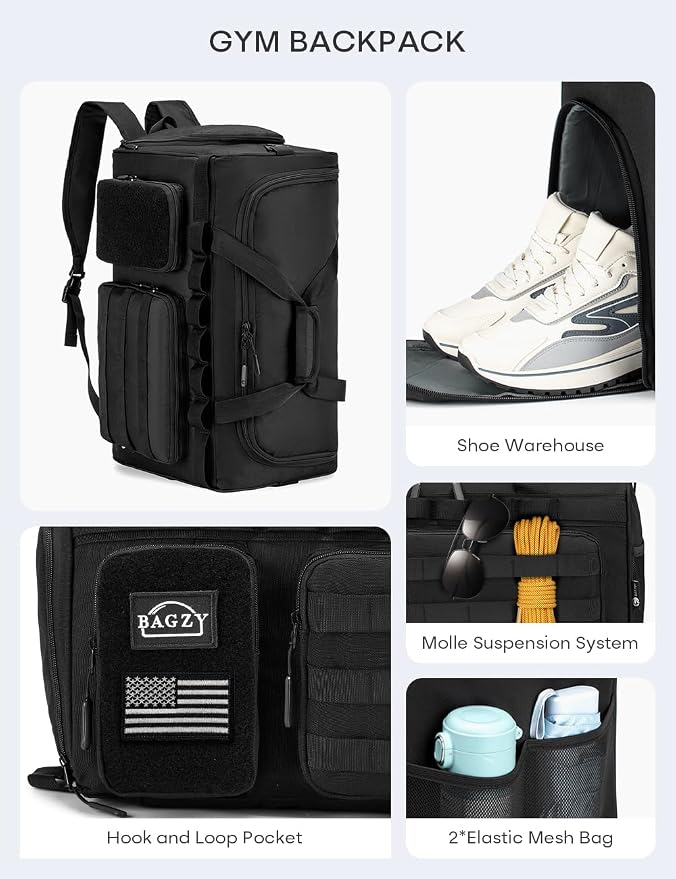 Tactical Gym Bag for Men 50L Sports Duffel Bags 3 in 1 Travel Duffel Bag with Shoe Compartment Workout Backpack Carry on Luggage 22x14x9 Airline Approved for Overnight Weekender Travel Black - Image 4