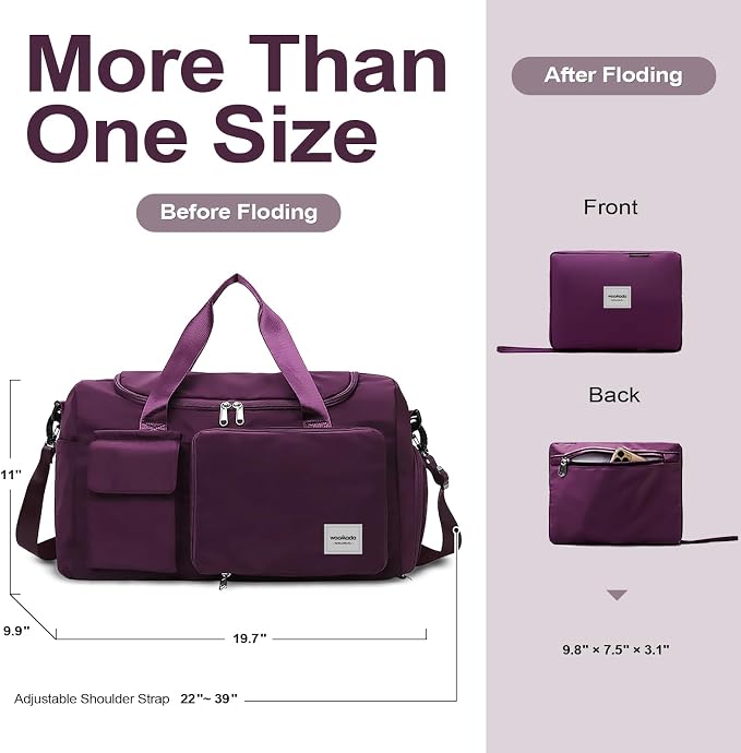 WOOMADA Foldable Travel Duffel Bag with Shoes Compartment, Overnight Bag with Wet Pocket & Trolley Sleeve, Weekender Bags for Women (purple) - Image 2