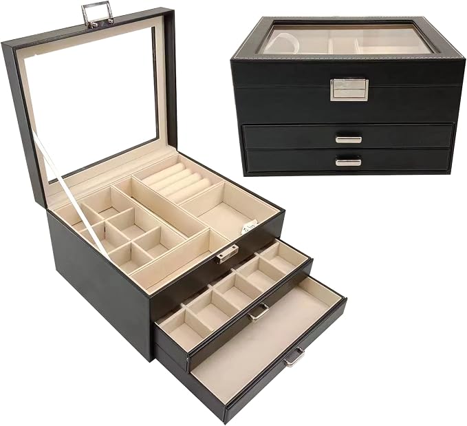 BOOVO Clear Lid Jewelry Box,3 Layers Jewelry Organizer Large Jewelry Storage Box with 2 Drawers,Jewelry Holder Organzier of Rings Earrings Necklace Bracelets for Women (Black, 3 Layer) - Image 5
