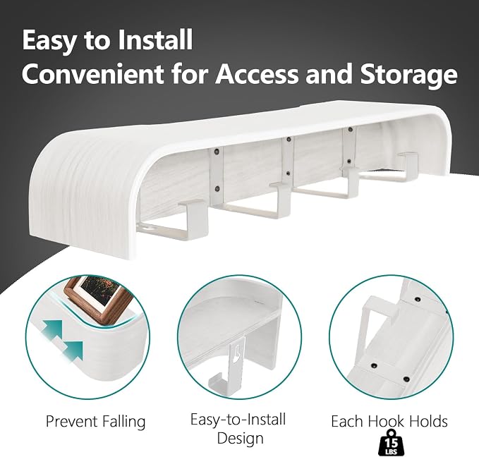 Coat Rack Wall Mount with Shelf 4 Hidden Hooks Modern Wooden Key Holder Entryway Organizer for Hallway Bedroom Bathroom Home Decor Storage for Hanging Coats Hats Bags Towels, White - Image 4