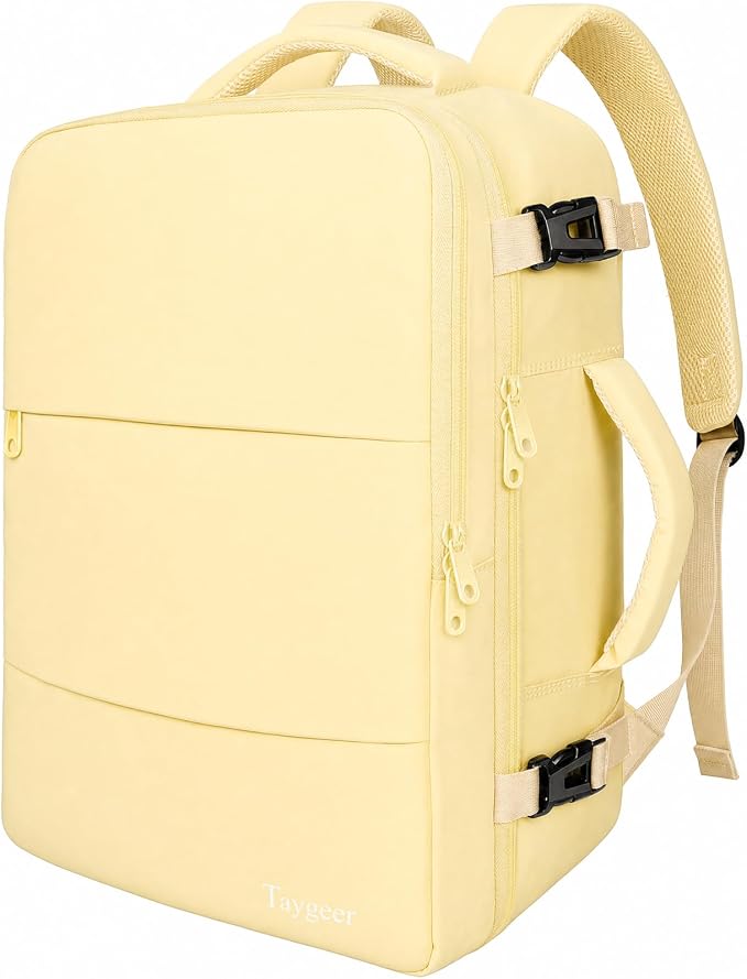 Taygeer 35L Personal Item Travel Backpack for Women, Carry on Backpack | Airline Approved Travel Bag, Laptop Bag with Water Bottle Pocket & Shoe Pouch, Mochila for College Weekender, Beige Yellow by Taygeer